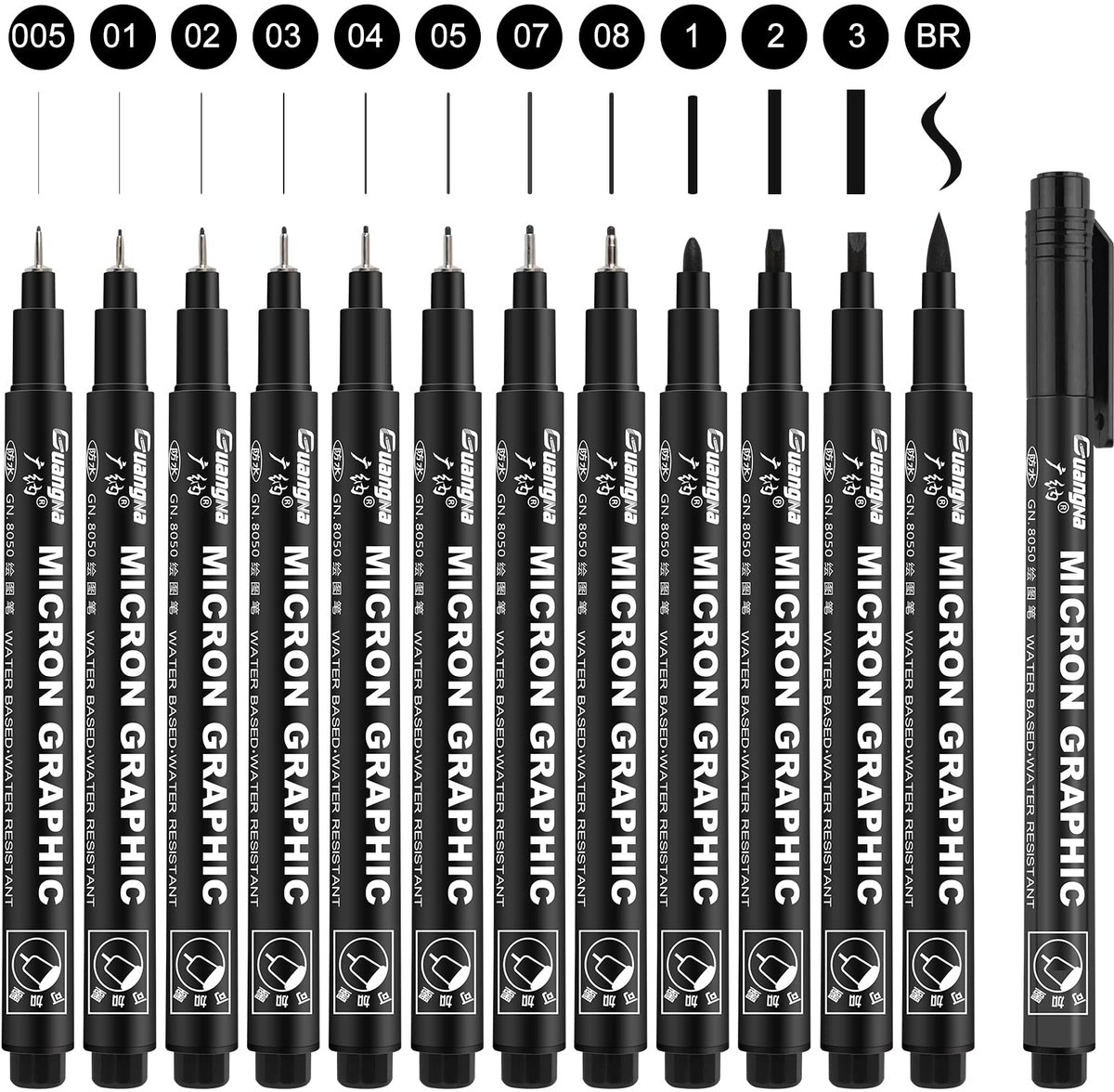 Funnasting Fineliner pennen, 12 stuks Fineliner pennen zwart met fijne medium penseelpunt en waterdichte pigmentinkt - ShopVlot