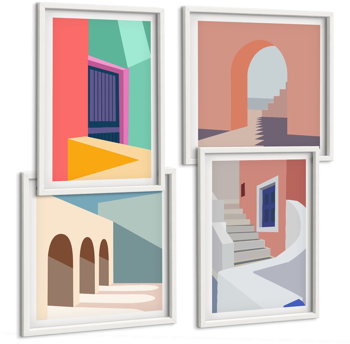 Tulup 4-Delige Schilderij Set - Kleurrijke illustraties van gebouwen in een moderne stijl. - 40x40 en 40x60 - Stijlvolle Wanddecoratie - Interieur