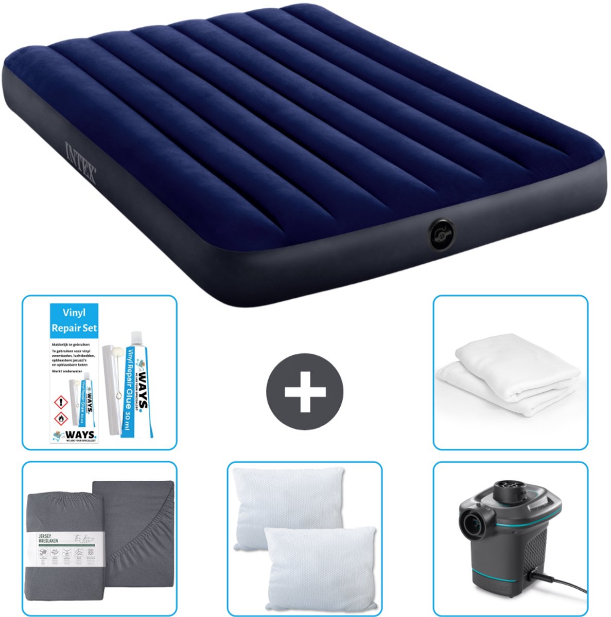Intex Luchtbed - Twijfelaar - 137 x 191 x 25 cm - Blauw - Inclusief Hoeslaken - Kussen - Pomp - Reparatieset en Kussenbeschermer
