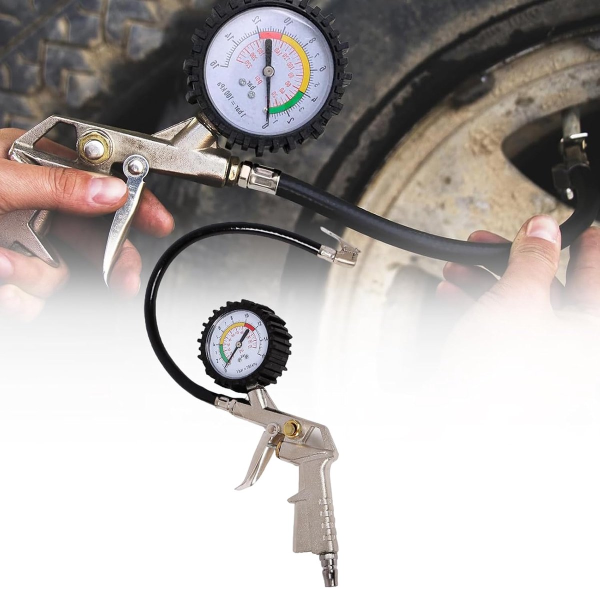 SnelShoppen - Bandendrukmeter, Luchtdruk Tester, Compressor Accessoires met Flexibele Slang, Precisie Drukmeter voor Auto, Motor, Vrachtwagen, Fiets