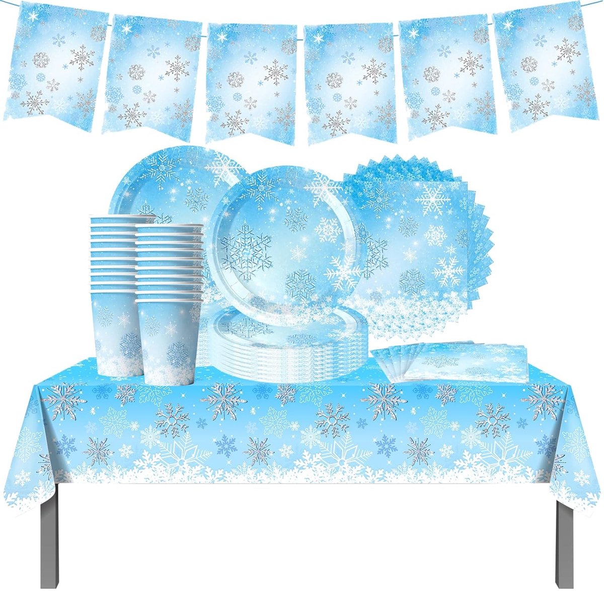 62PCS Frozen Party tableware set, birthday Fishtail flag decoration, snowflakes birthday party tableware for kids - ShopVlot