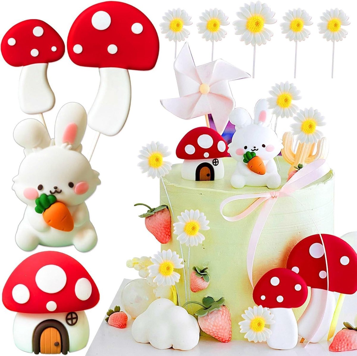 9 stuks Verjaardagstaartversieringsset met ‘konijntjes’-thema, paasversieringen, paddestoelen, madeliefjes en andere - ShopVlot