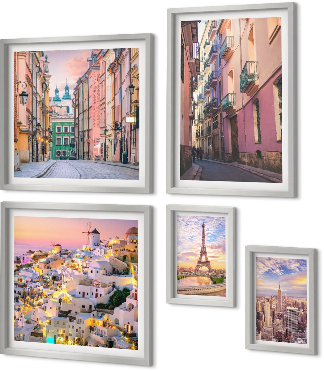 Coloray 5-Delige Schilderij Set - Uitzicht Op De Steden New York, Parijs En Warschau Bij Zonsondergang. - 20 x 30 cm - Wanddecoratie - Schilderijen Set - Interieur - Moderne Wanddecoratie