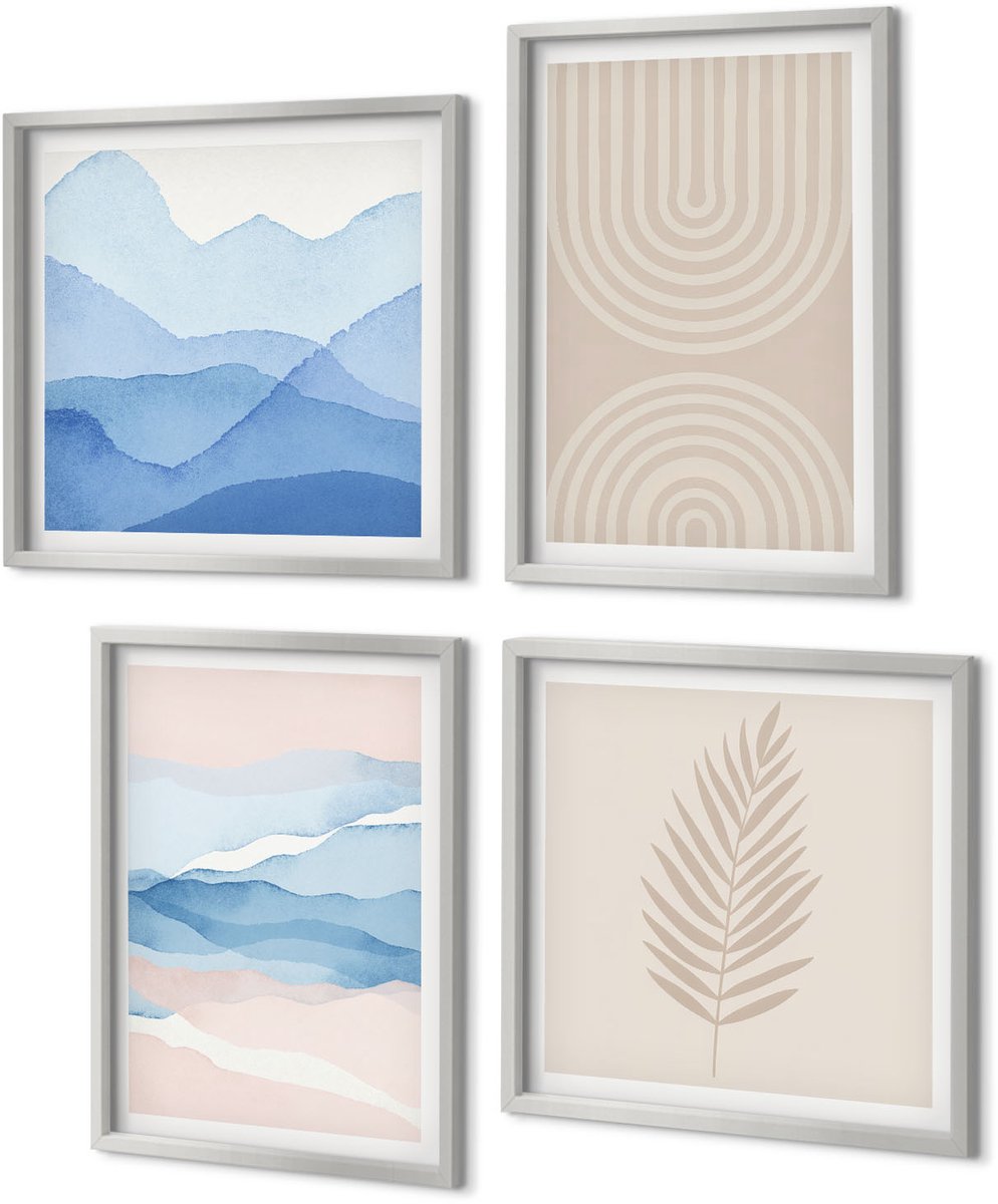 Coloray 4-Delige Schilderij Set - Bladeren en golven in beige en blauwe tinten. - 40 x 40 cm en 40 x 60 cm - Decoratieve Schilderijen - Woonkamer - Interieur - Woonkamer Decoratie