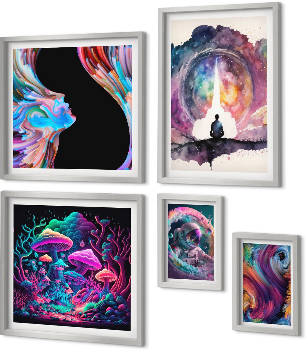 Coloray 5-Delige Schilderij Set - Kleurrijke Fantasiekunstillustraties - 20 x 30 cm - Stijlvolle Muurdecoratie - Slaapkamer - Decoratieve Schilderijen