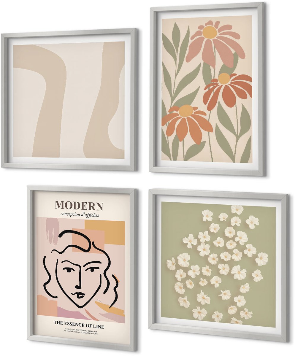 Coloray 4-Delige Schilderij Set - Vrouw in moderne stijl met abstracte patronen - 40 x 40 cm en 40 x 60 cm - Muurdecoratie - Schilderijen Set - Woonkamer - Stijlvolle Muurdecoratie