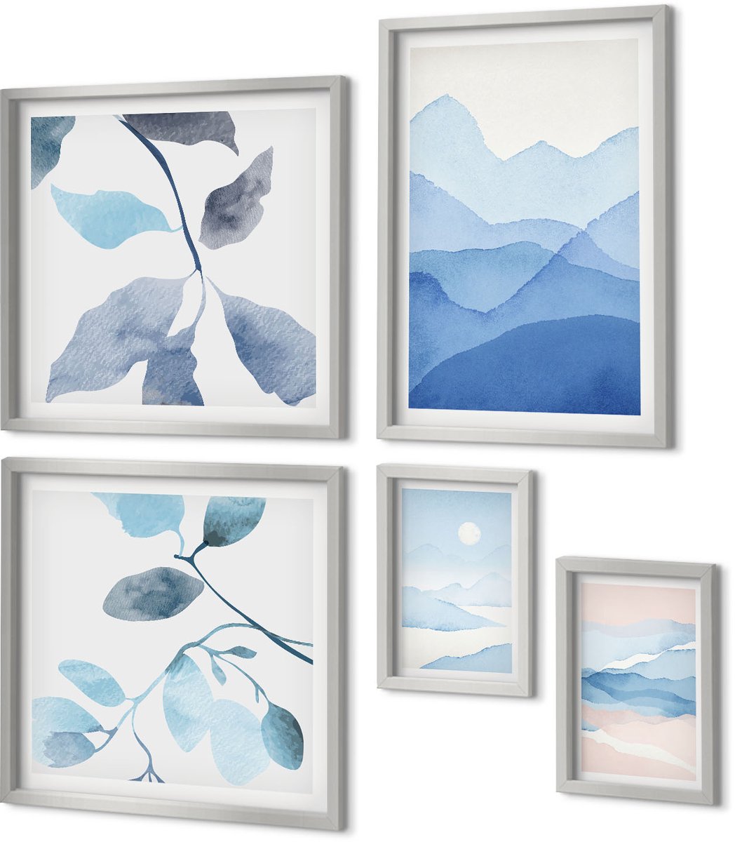Coloray 5-Delige Schilderij Set - Bloemen In De Tuin, Bergen En Een Kalm Wateroppervlak. - 20 x 30 cm - Moderne Wanddecoratie - Slaapkamer - Decoratieve Schilderijen