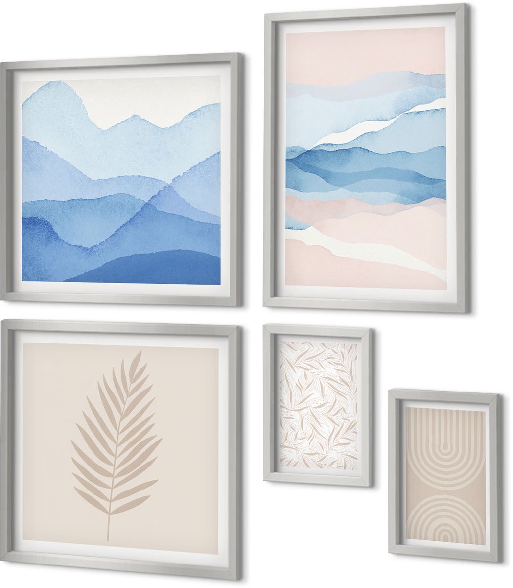 Coloray 5-Delige Schilderij Set - Pastelkleurige Bloemenillustraties Met Golvende Abstracte Lijnen - 20 x 30 cm - Stijlvolle Muurdecoratie - Kantoor - Woonkamer Decoratie