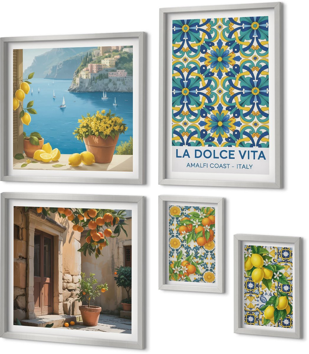 Coloray 5-Delige Schilderij Set - Posters Met Citrusvruchten En Kleurrijke Abstracte Patronen - 20 x 30 cm - Stijlvolle Muurdecoratie - Kantoor