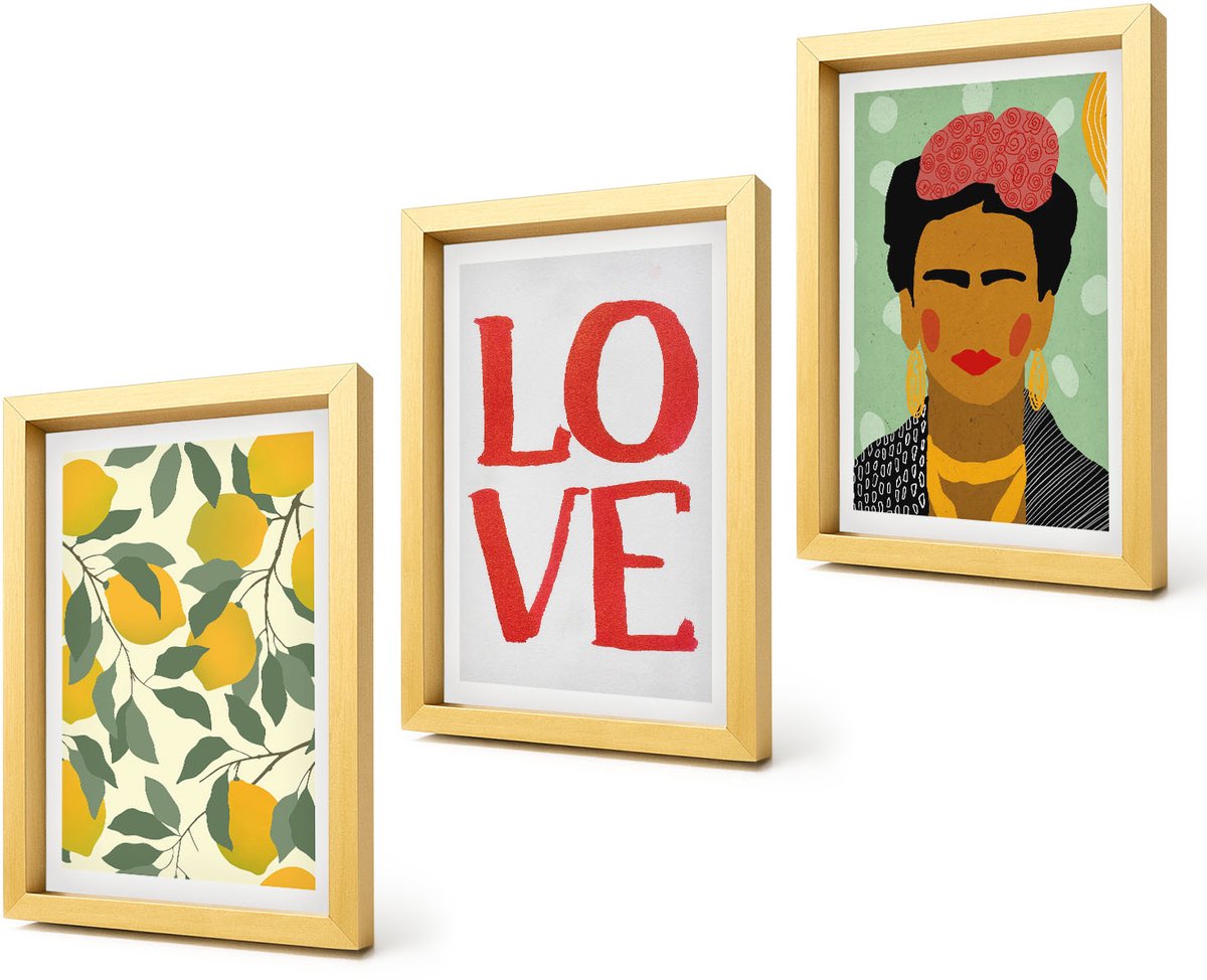 Coloray 4-Delige Schilderij Set - Citroenen Liefde Lettering Geschilderd Portret van Frida Kahlo - 20 x 30 cm - Stijlvolle Wanddecoratie - Interieur - Stijlvolle Muurdecoratie