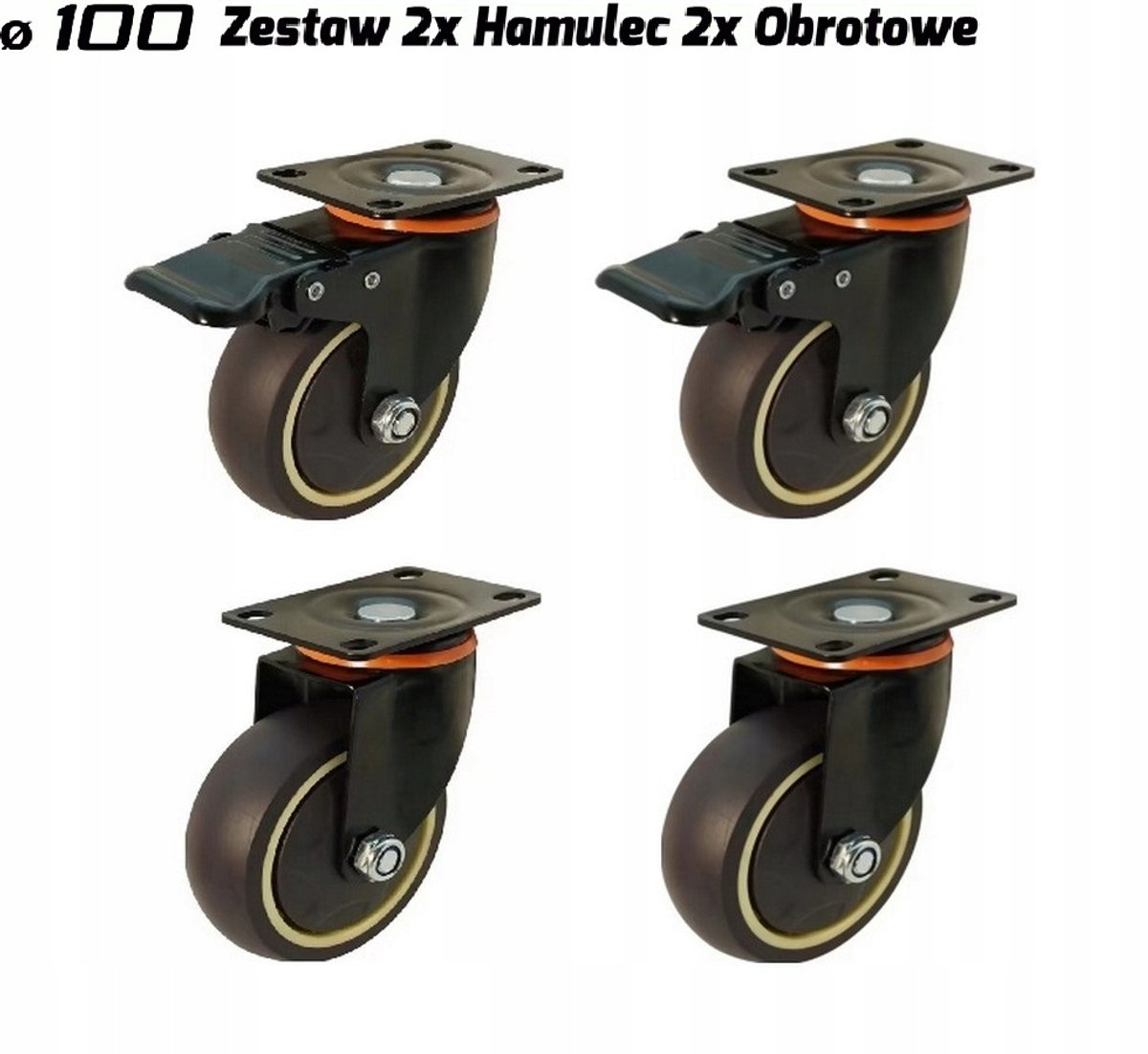 4x Zwenkwielen met Rem 100mm TPR Thermoplastisch Rubber