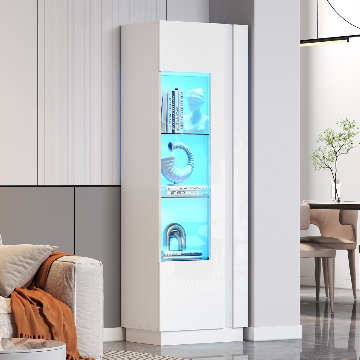Sweiko Vitrinekast - Boekenkast - Hoogglans - Acryldeuren - LED-verlichting - 3 glazen planken - Wit