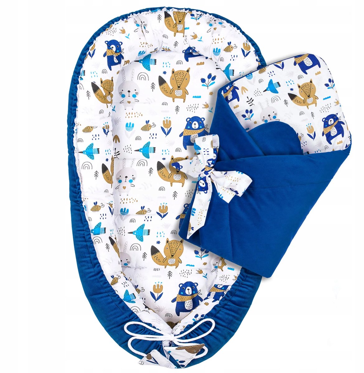 Baby Cocoon met Omslagdoek Set - Katoen/Velvet Blauwe Beer