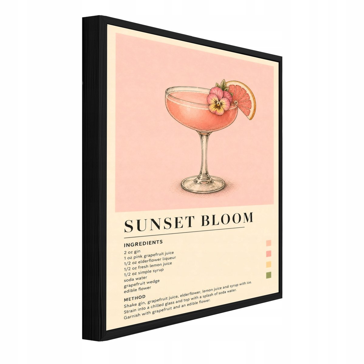 WALLARENA Schilderij op canvas met zwarte lijst - 60x40 cm - Sunset Bloom cocktailrecept in retrostijl - voor keuken en thuisbar Roze