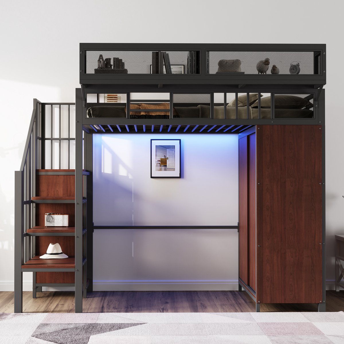 Hoogslaper - 90 x 200 cm - 1-persoons - met kledingkast - met opbergruimte - met LED-verlichting - met ladder - Zwart