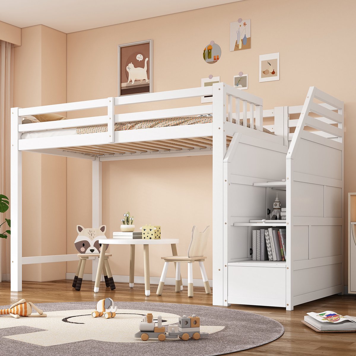 Hoogslaper - 90 x 200 cm - 1-persoons - met opbergruimte - met ladder - Wit
