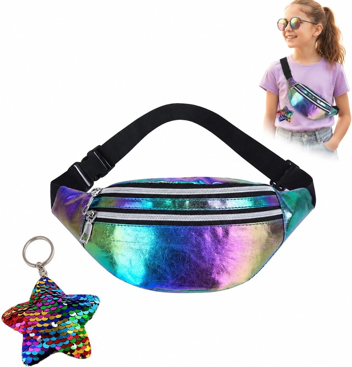 Kinderen Heuptas met Vlinder Sleutelhanger Glitter Design 22x12x7 cm Waterdichte PU Leren Tas met Verstelbare Band - ShopVlot
