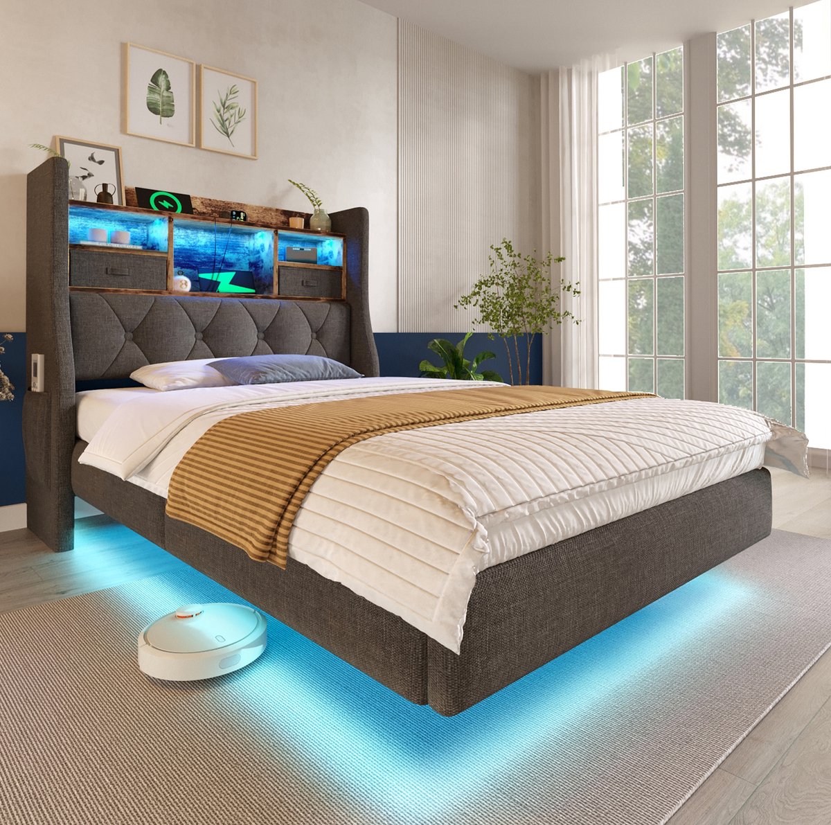 Gestoffeerd Bed 90x200 cm Zonder Matras Met Ledverlichting En Oplaadstation Hoofdbord Met Opbergruimte Lattenbodem Grijs