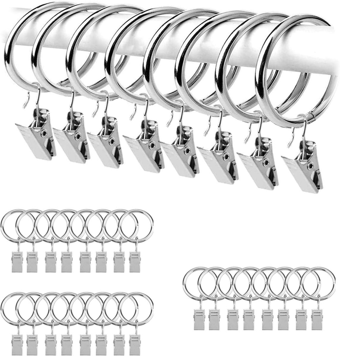 Zilverkleurige gordijnringen met haken voor gordijnroede, 24 stuks, roestvrije metalen gordijnring met haken met - ShopVlot