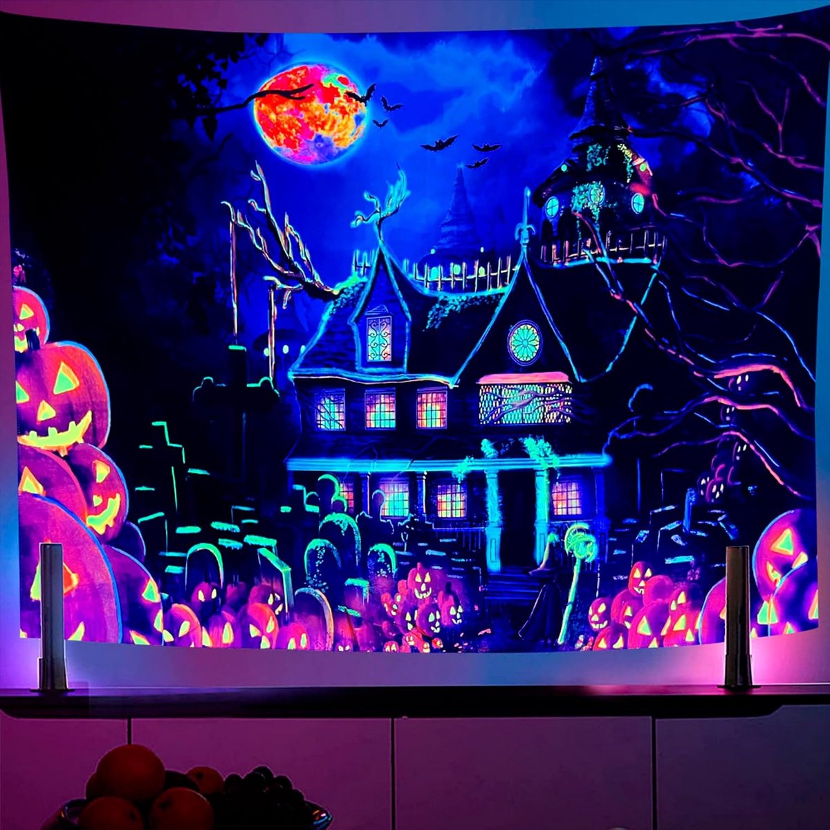 OSVINO Blacklight Castle Tapestry 200x150cm Pumpkin Bat Castle Psychedelic Tapestry Halloween UV Reactive Castle - ShopVlot