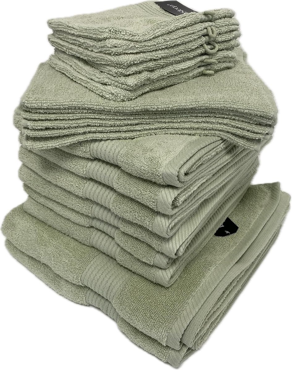 iSleep Set of 20-piece Bath textiles 6x Washcloth, 6x Guest towel, 6x Towel, 2x Bath towel (Olive green) - ShopVlot