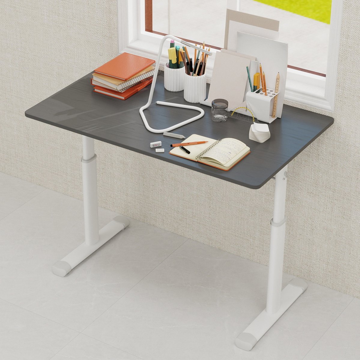 Bureau Verstelbaar Met Handmatige Hoogteverstelling 100 X 60 Cm Metaal En Hout Grijs Voor Thuiswerk, Studie En Staand Werken