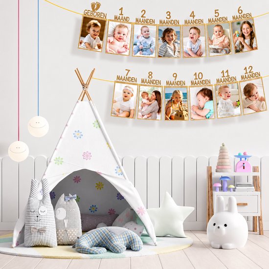 Kaiyaya - Fotoslinger set 13 stuks - Foto's ophangen, herinneringen bewaren - Karton fotolijst - Baby, Eerste verjaardag - Eerste verjaardag decoratie, baby feestdecoratie - Bruin, 13 fotokaarten — afbeelding 3