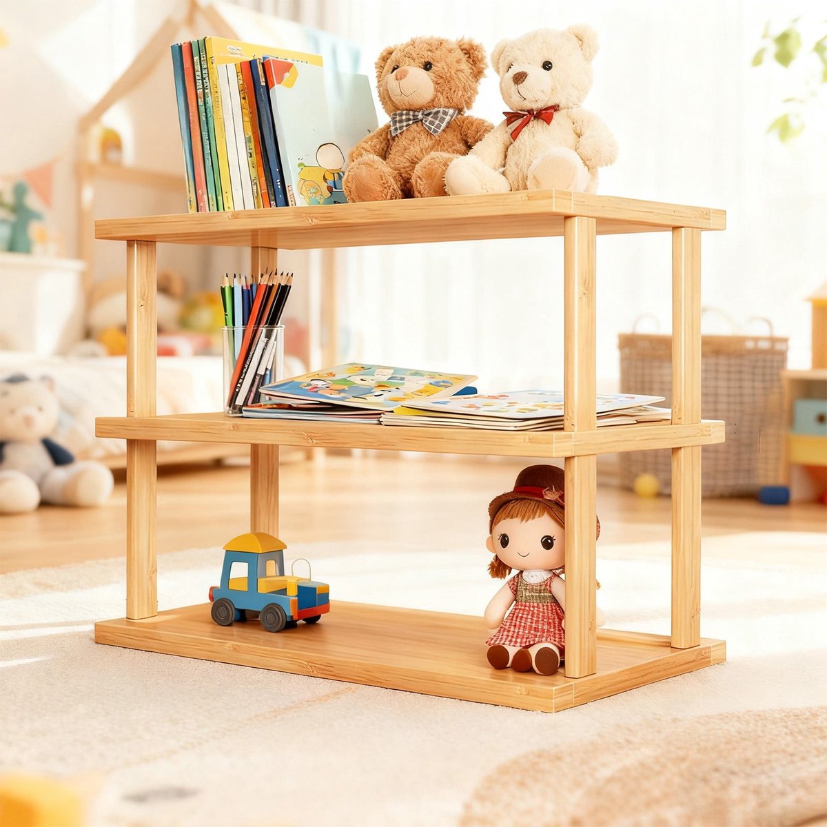 Ulisem - Houten Boekenkast Met 2 Lagen - Modern Open Staand Opbergrek, Multifunctionele Showrek , Voor Keukengerei, Theesets En Decoratie, Geschikt Voor Huis, Woonkamer, Slaapkamer En Kantoor, Eenvoudig Te Monteren En Schoon Te Maken - Khaki