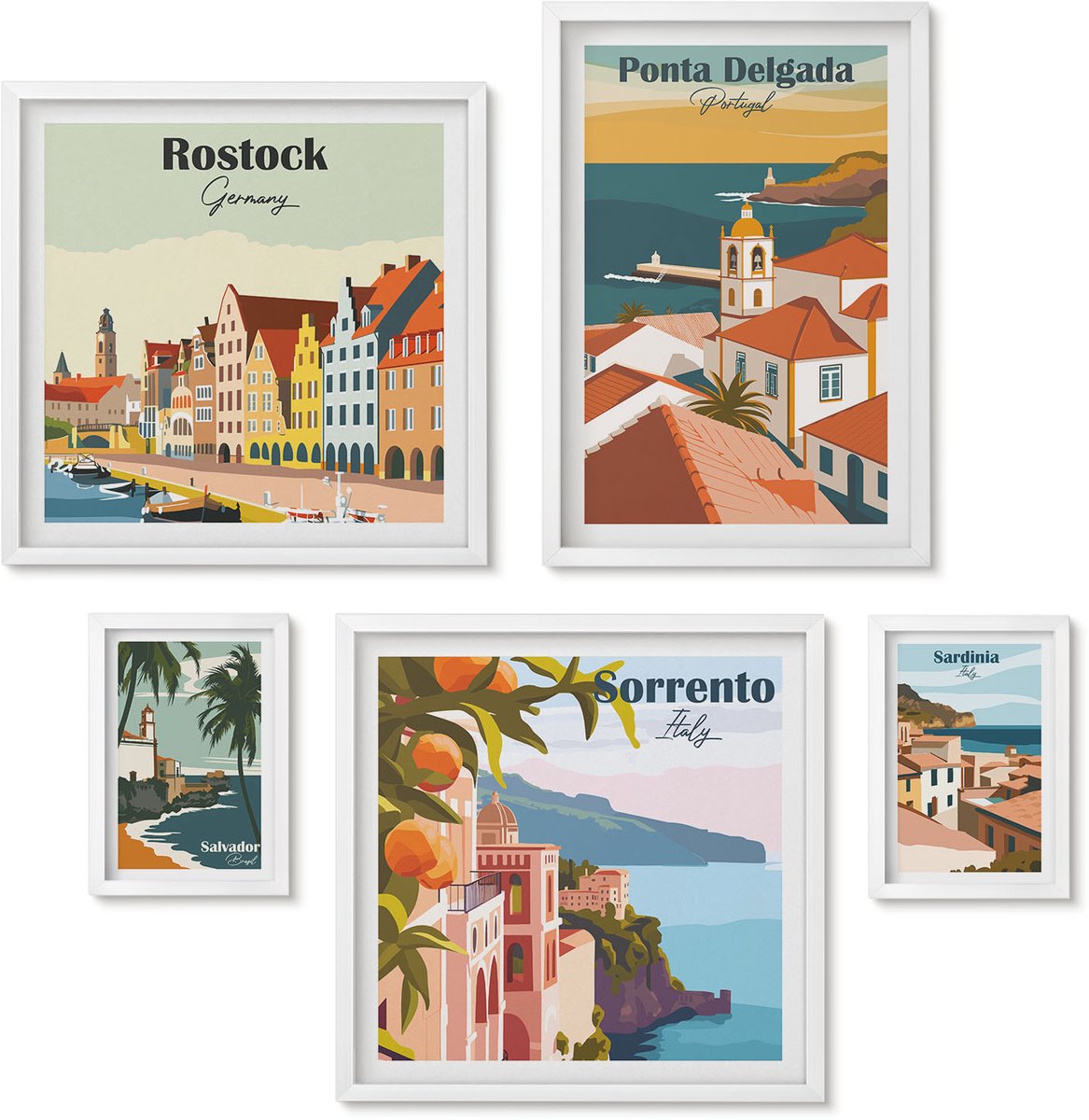 Wallfluent 5-Delige Schilderij Set - Uitzichten Op Pittoreske Landschappen Vanuit Europese Steden - 50 x 50 cm, 20 x 30 cm En 40 x 60 cm - Decoratieve Muurdecoratie - Slaapkamer - Wanddecoratie