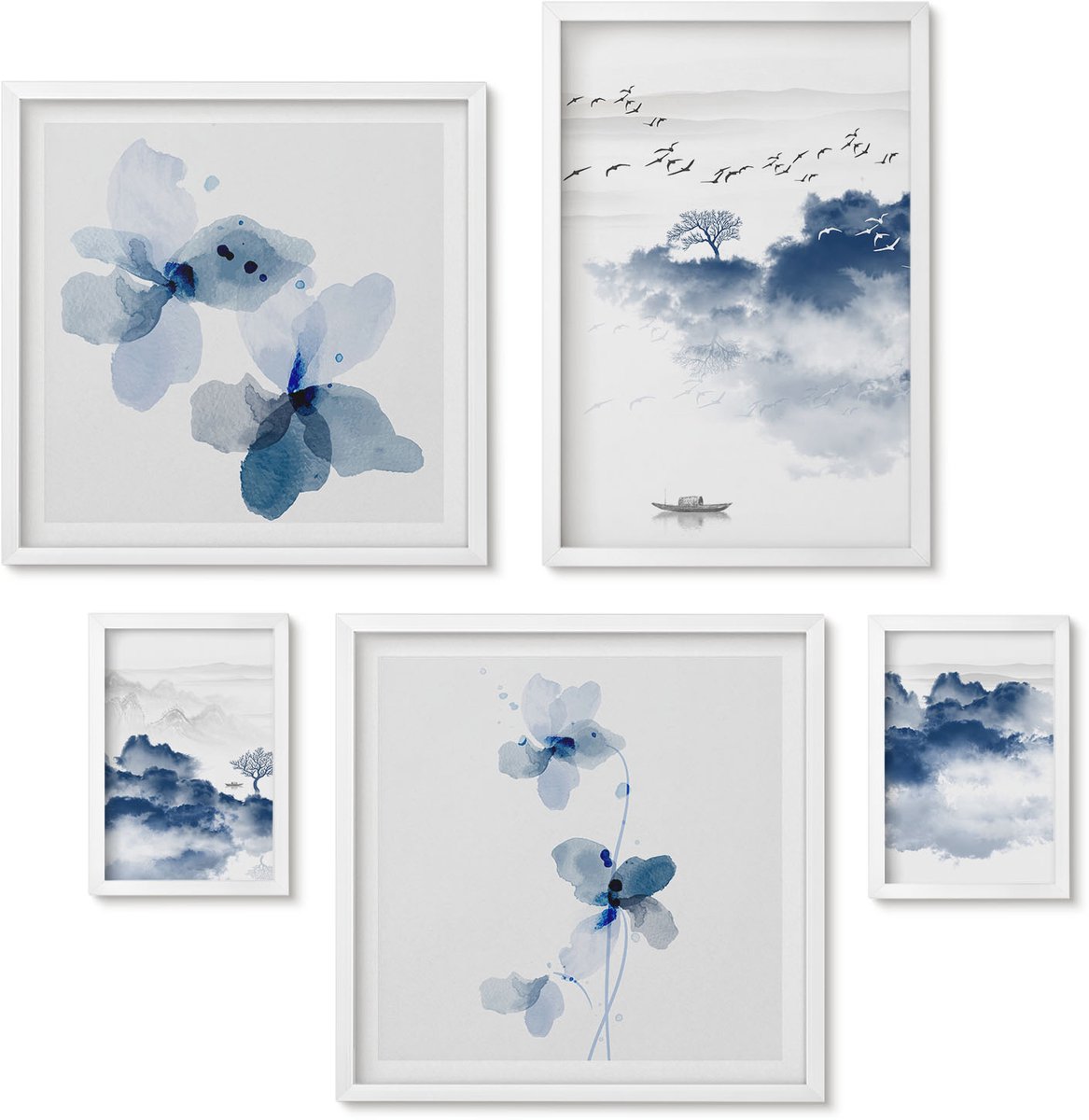 Wallfluent 5-Delige Schilderij Set - Landschappen Met Tere Bloemen En Kalm Water. - 50 x 50 cm, 20 x 30 cm En 40 x 60 cm - Wanddecoratie - Schilderijen Set - Kantoor - Muurdecoratie