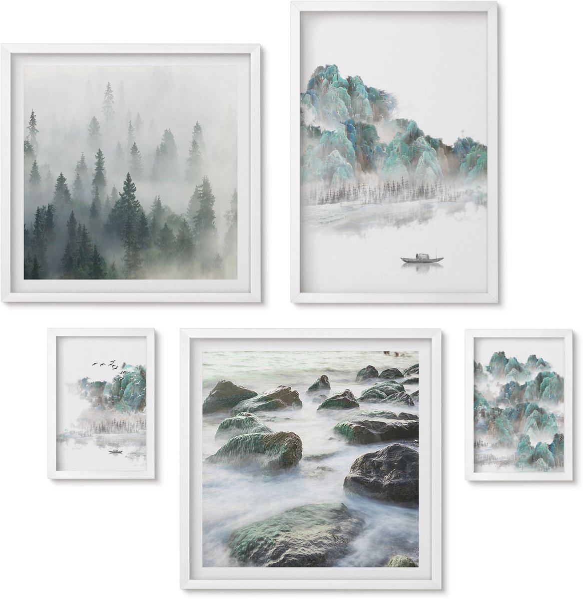 Wallfluent 5-Delige Schilderij Set - Rustige Natuurlijke Landschappen Met Water En Vegetatie - 50 x 50 cm, 20 x 30 cm En 40 x 60 cm - Stijlvolle Muurdecoratie - Slaapkamer - Wanddecoratie