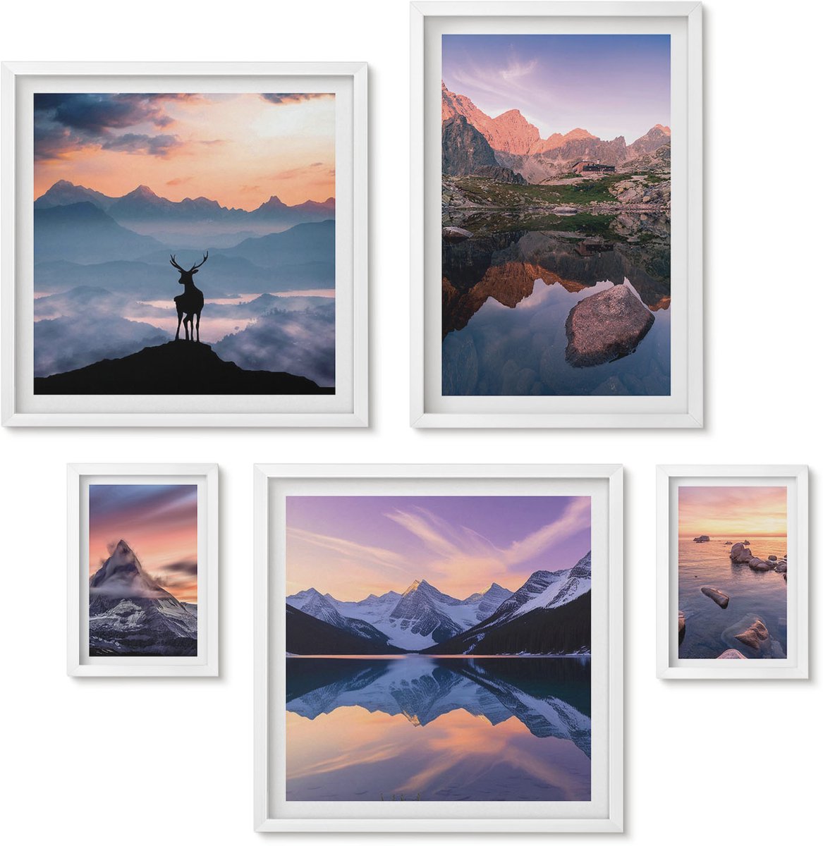Wallfluent 5-Delige Schilderij Set - Berglandschappen Met Zonsondergangen En Weerspiegelingen In Het Water. - 50 x 50 cm, 20 x 30 cm En 40 x 60 cm - Stijlvolle Wanddecoratie - Interieur - Moderne Wanddecoratie