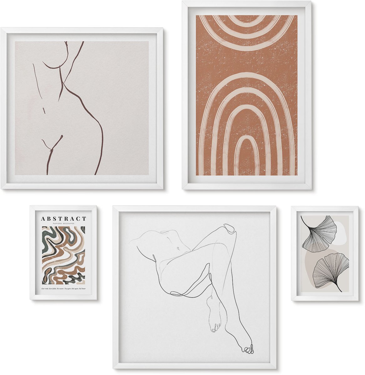Wallfluent 5-Delige Schilderij Set - Stijlvolle Abstracte Composities Met Figuratieve Motieven - 50 x 50 cm, 20 x 30 cm En 40 x 60 cm - Stijlvolle Muurdecoratie - Kantoor
