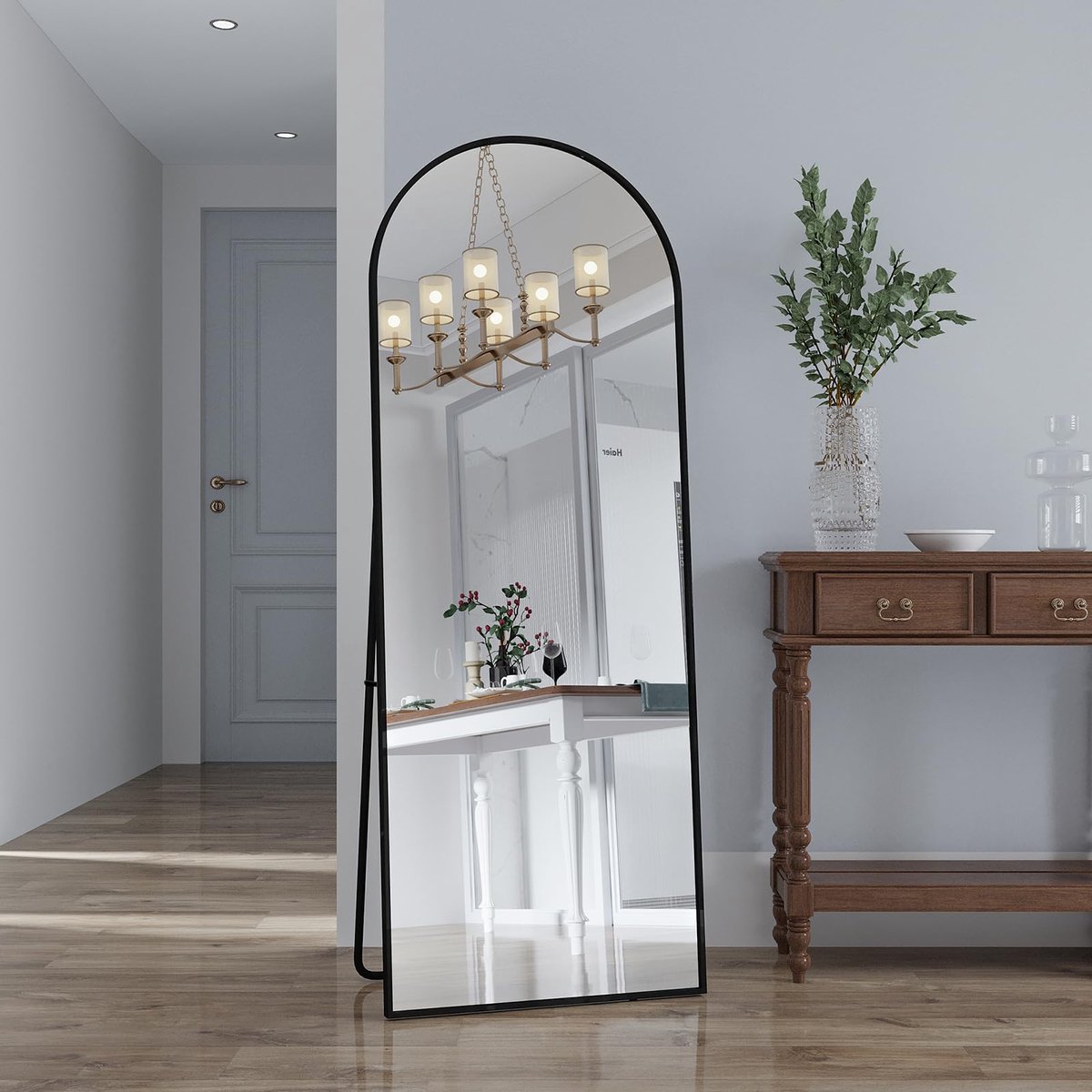 Famanu Body spiegel met boog, wandspiegel van 162 x 53 cm met aluminium frame, grote full-body spiegel voor slaapkamer Zwart
