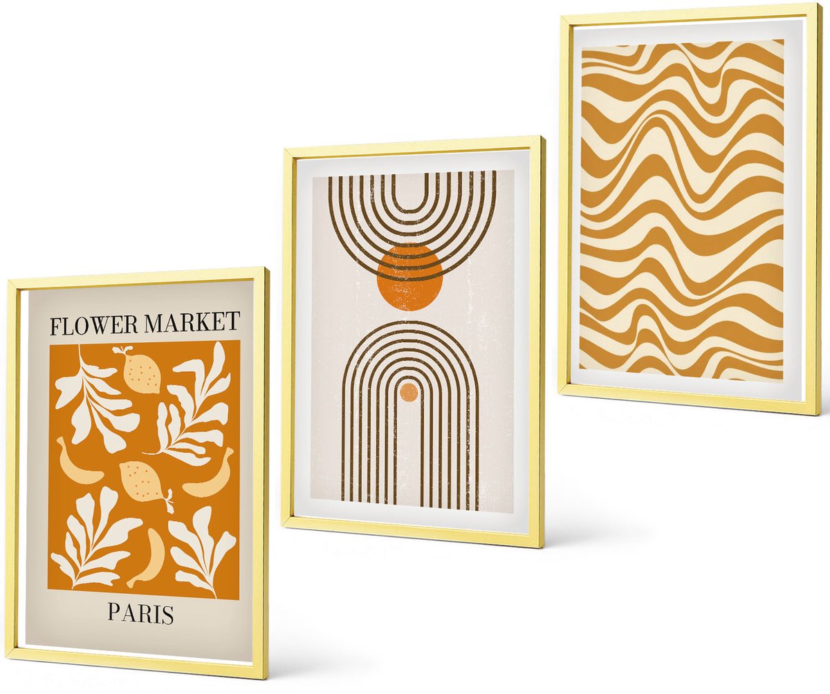Coloray 3-Delige Schilderij Set - Modeposters Met Bloemen- En Geometrische Patronen - 40 x 40 cm En 40 x 60 cm - Muurdecoratie - Wanddecoratie - Hal - Interieur Decoratie