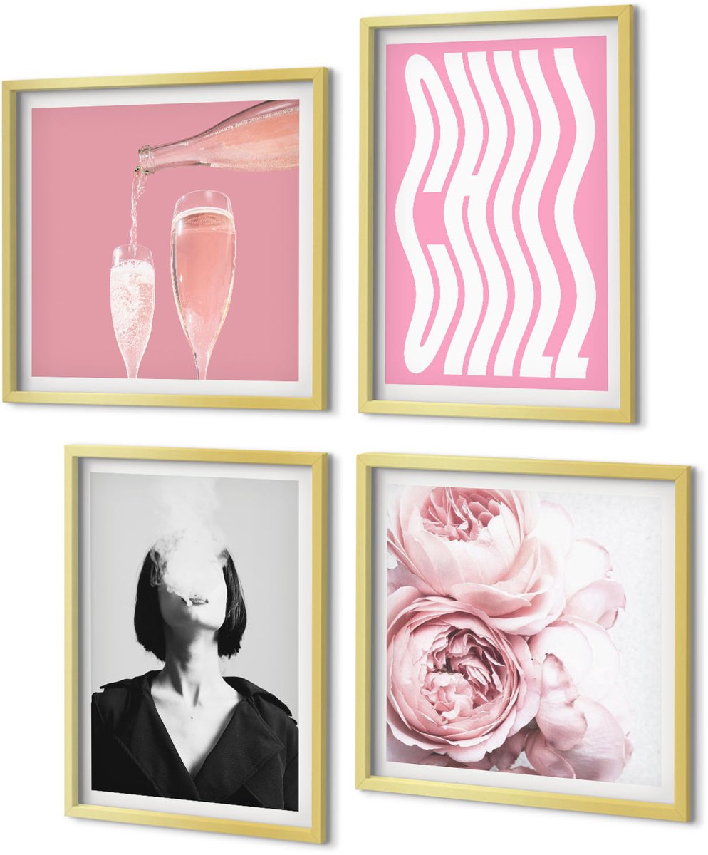 Coloray 4-Delige Schilderij Set - Stijlvol portret van een vrouw met champagne en rozen, ontspanning. - 40 x 40 cm en 40 x 60 cm - Wanddecoratie - Woonkamer Decoratie