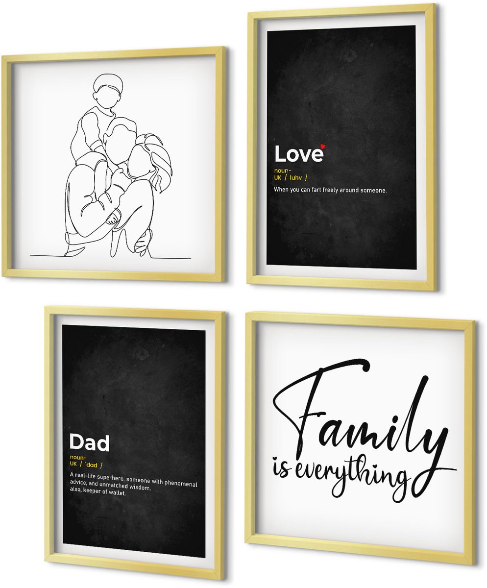 Coloray 4-Delige Schilderij Set - Familielijnkunst met definities van liefde en vaderschap. - 40 x 40 cm en 40 x 60 cm - Stijlvolle Muurdecoratie - Kantoor - Interieur Decoratie