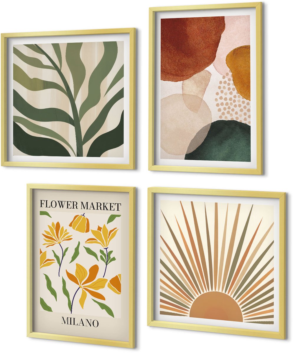 Coloray 4-Delige Schilderij Set - Bloemmotieven met abstracte vormen en bladeren - 40 x 40 cm en 40 x 60 cm - Muurdecoratie - Interieur Decoratie - Wanddecoratie
