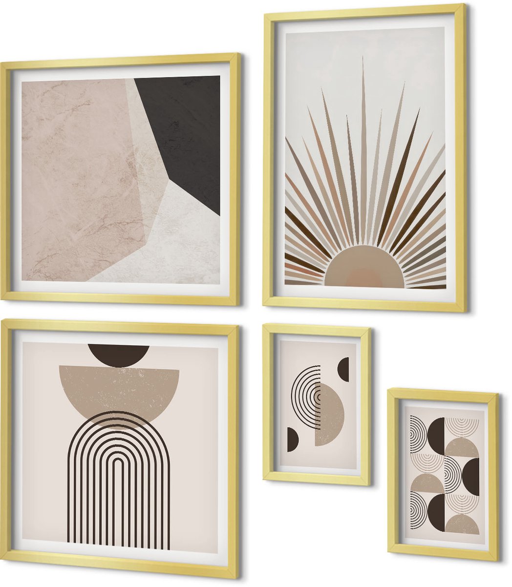 Coloray 5-Delige Schilderij Set - Abstracte Geometrische Vormen In Neutrale Tinten - 50 x 50 cm, 20 x 30 cm En 40 x 60 cm - Stijlvolle Wanddecoratie - Interieur - Muurdecoratie