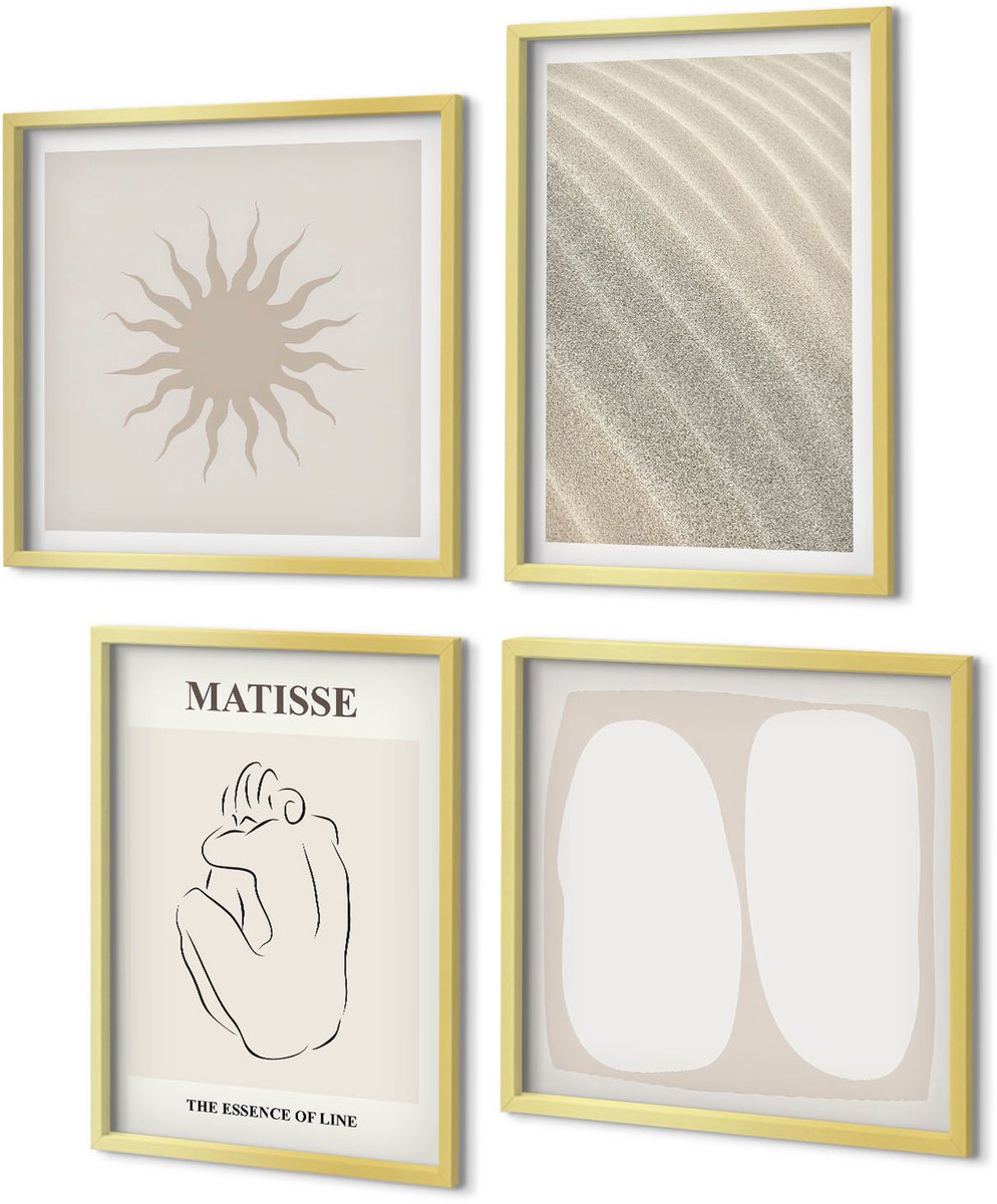 Coloray 4-Delige Schilderij Set - Minimalistische zandpatronen, golven en zon, Matisse - 40 x 40 cm en 40 x 60 cm - Wanddecoratie - Muurdecoratie - Woonkamer - Decoratieve Schilderijen