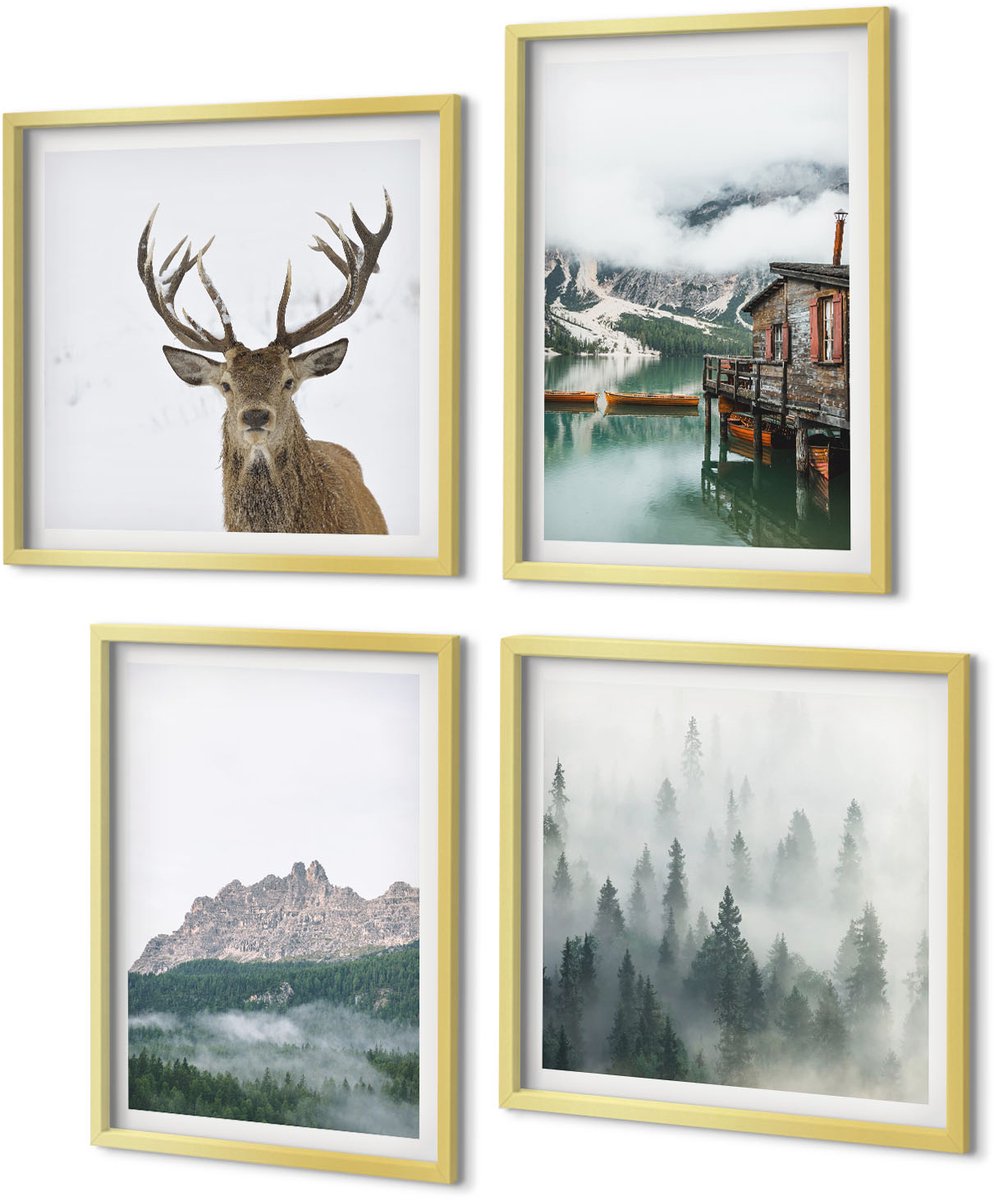 Coloray 4-Delige Schilderij Set - Bergen, meer, hertenhuisje en mist in het bos - 40 x 40 cm en 40 x 60 cm - Wanddecoratie - Woonkamer Decoratie - Interieur Decoratie