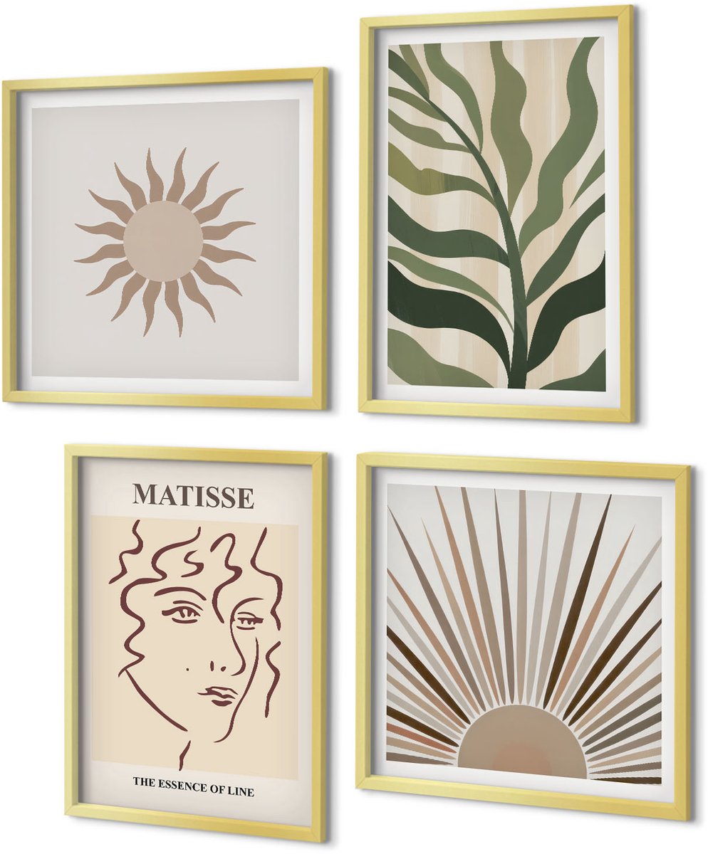 Coloray 4-Delige Schilderij Set - Abstracte plantpatronen en lijnen in gedempte kleuren. - 40 x 40 cm en 40 x 60 cm - Decoratieve Schilderijen - Wanddecoratie - Hal - Moderne Wanddecoratie