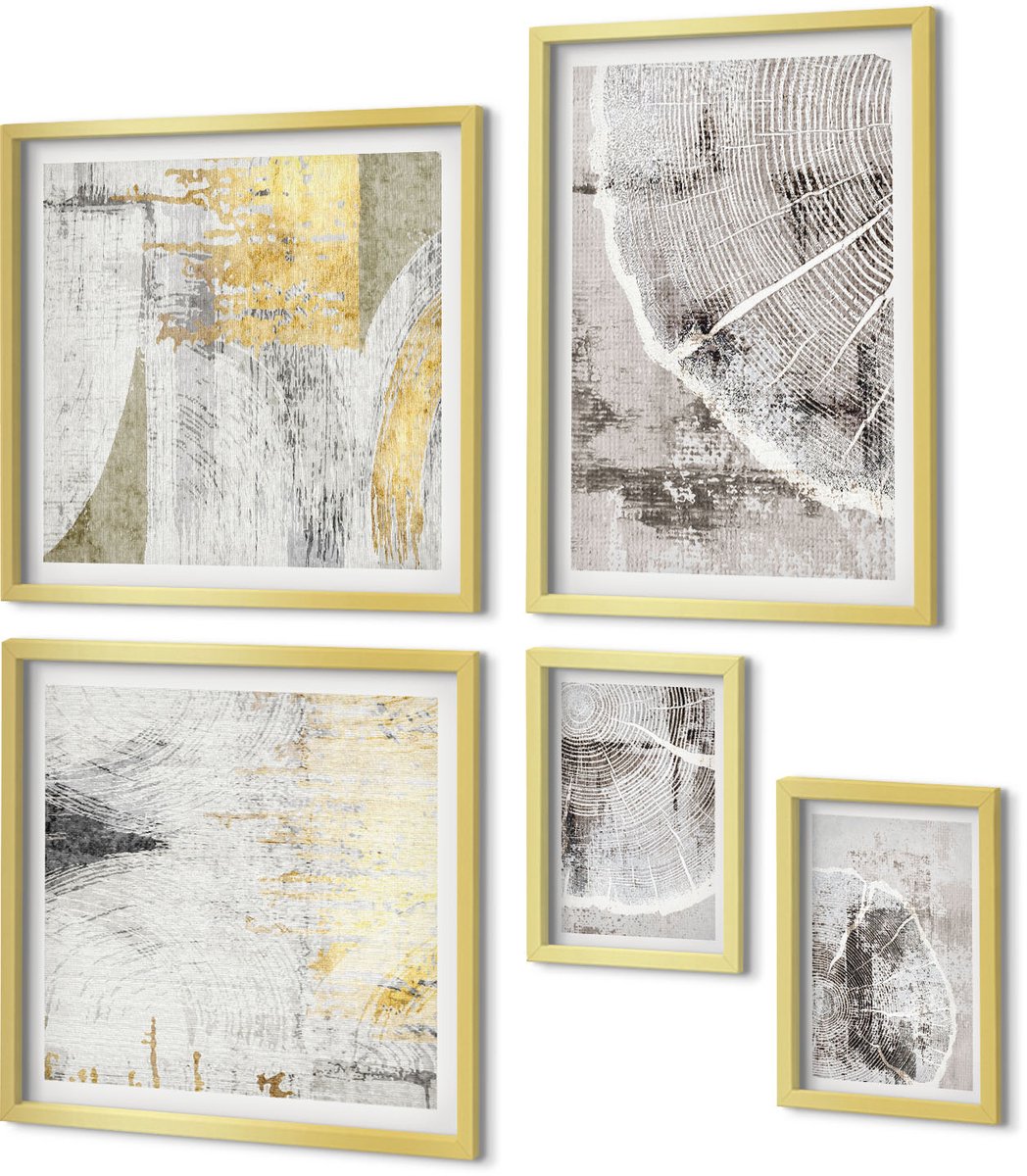Coloray 5-Delige Schilderij Set - Abstracte Patronen En Texturen In Neutrale Tinten - 50 x 50 cm, 20 x 30 cm En 40 x 60 cm - Moderne Wanddecoratie - Slaapkamer