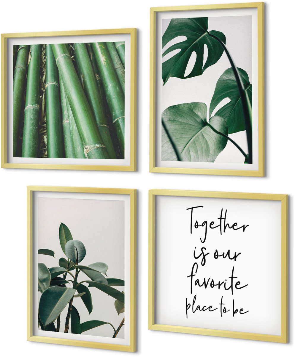 Coloray 4-Delige Schilderij Set - Inscriptie op bamboestengels en Monstera-bladeren - 40 x 40 cm en 40 x 60 cm - Schilderijen Set - Wanddecoratie - Woonkamer - Decoratieve Schilderijen