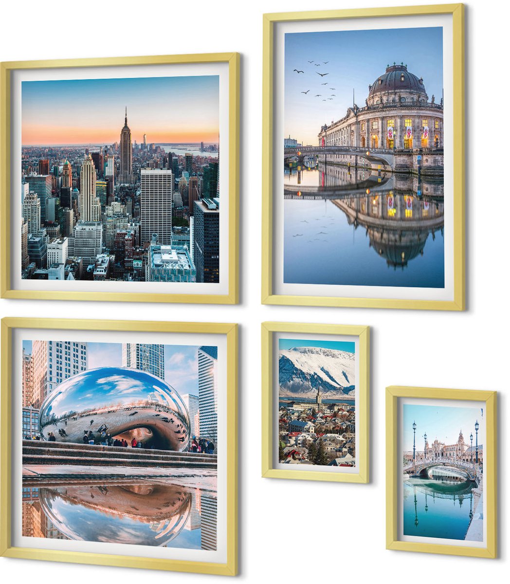 Coloray 5-Delige Schilderij Set - Stadsgezichten Met Moderne Architectuur En Natuur - 50 x 50 cm, 20 x 30 cm En 40 x 60 cm - Muurdecoratie - Wanddecoratie - Hal - Moderne Wanddecoratie