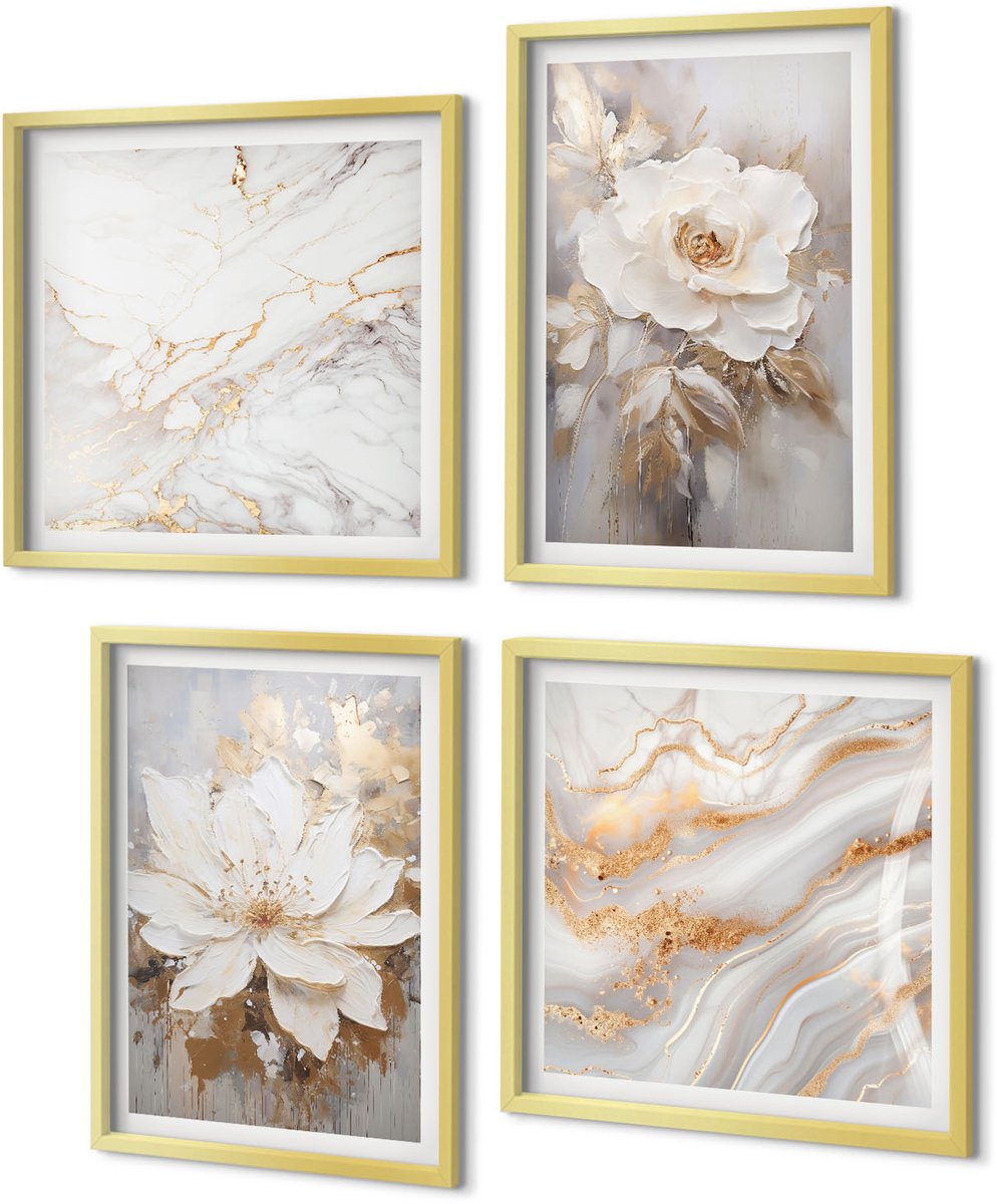 Coloray 4-Delige Schilderij Set - Bloemen en abstract marmerpatroon - 40 x 40 cm en 40 x 60 cm - Schilderijen Set - Wanddecoratie - Woonkamer - Woonkamer Decoratie