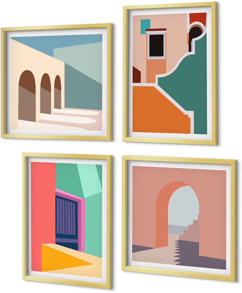 Coloray 4-Delige Schilderij Set - Kleurrijke stadsgezichten in een moderne stijl. - 40 x 40 cm en 40 x 60 cm - Decoratieve Muurdecoratie - Slaapkamer - Woonkamer Decoratie
