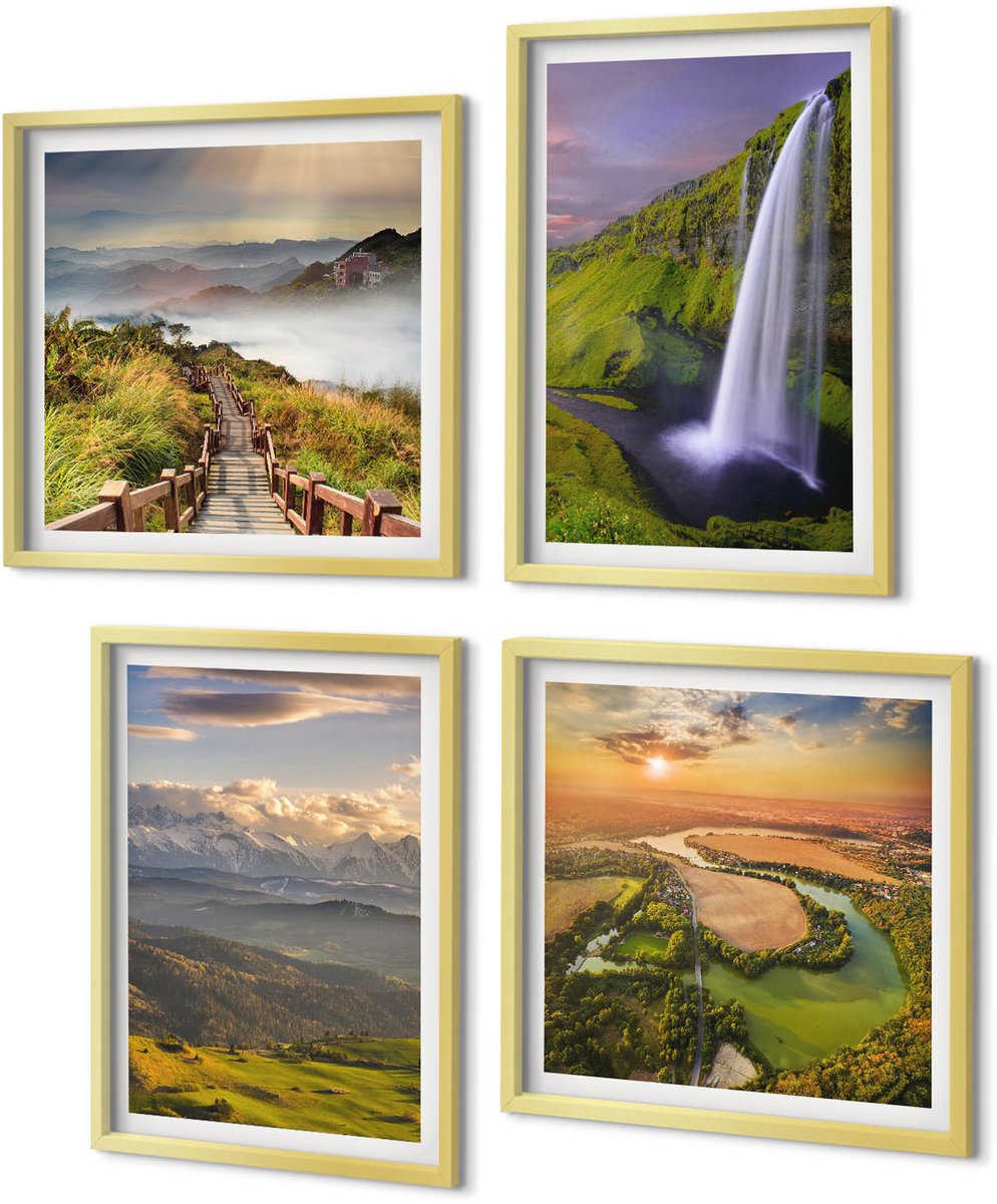 Coloray 4-Delige Schilderij Set - Uitzicht op een bergrivier en waterval in de natuur. - 40 x 40 cm en 40 x 60 cm - Muurdecoratie - Wanddecoratie - Slaapkamer - Woonkamer Decoratie