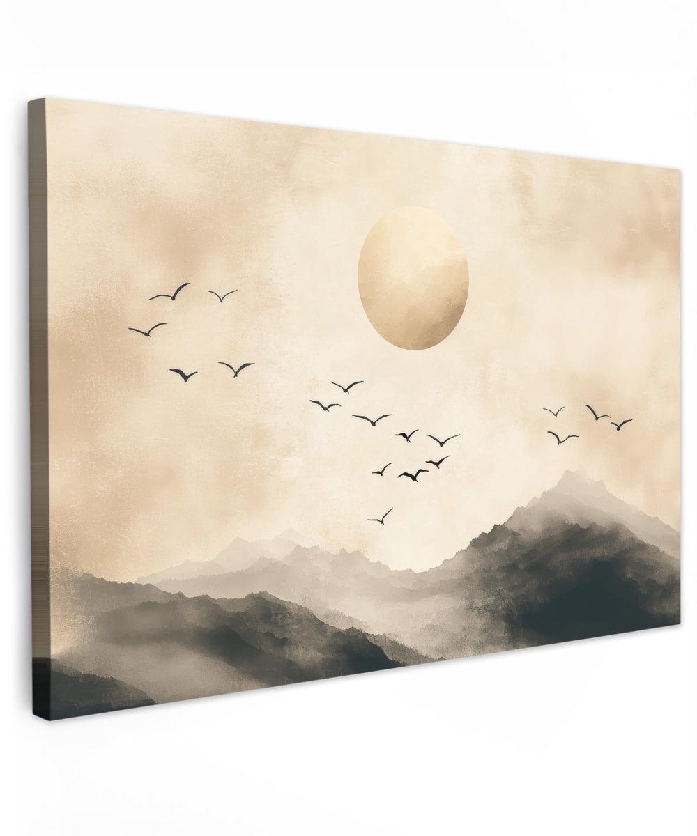 Famanu – Canvas schilderij van 120x80 cm, wanddecoratie voor woonkamer en slaapkamer, landschap, Japandi, vogelontwerp