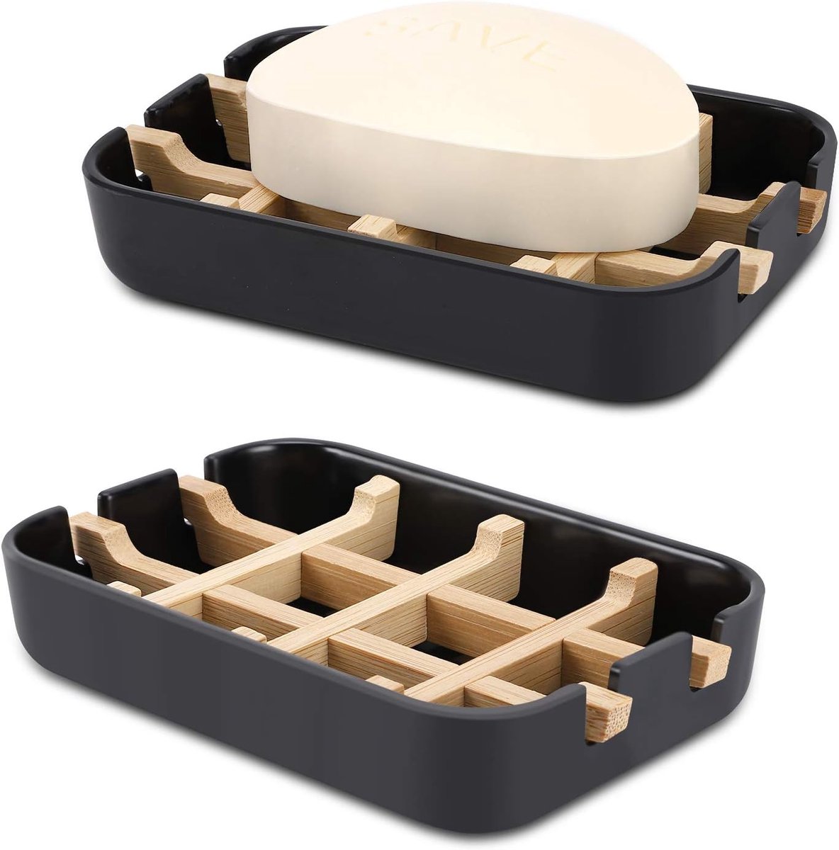 Trywise 2 Stuks Bamboe Zeepbakjes - Zelfdrainerende Zeephouders met Uitneembaar Inzetstuk - Voor Badkamer en Keuken - Zwart